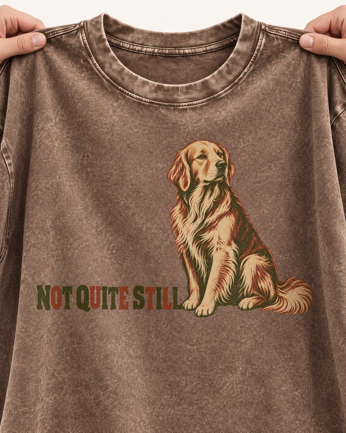 Golden Retriever Not Quite Still Washed Tee in Coffee, close-up of the graphic