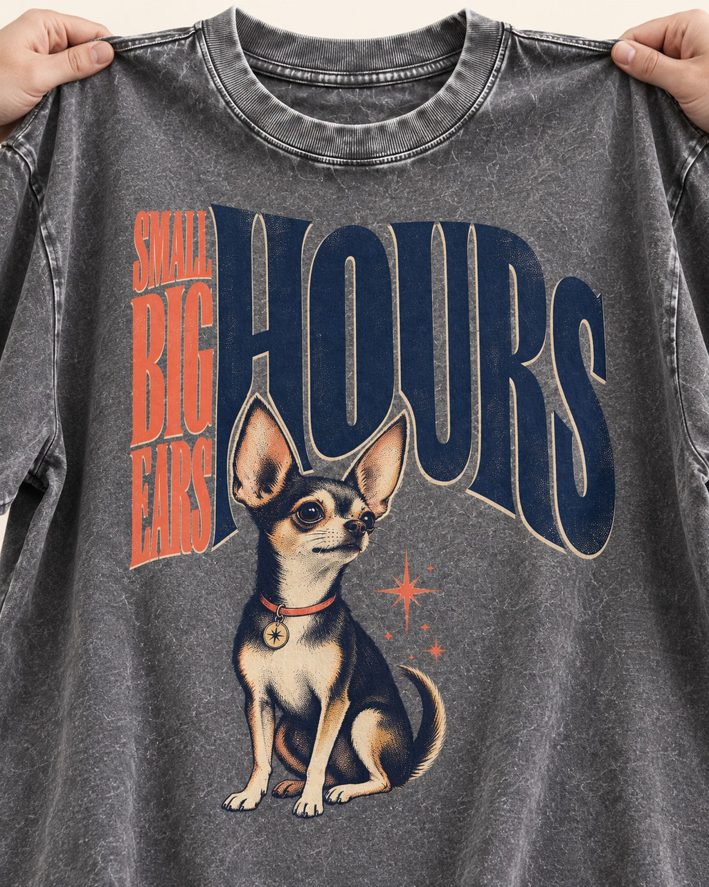 Chihuahua Small Big Ears Hours Washed Tee in Gray, close-up of the graphic