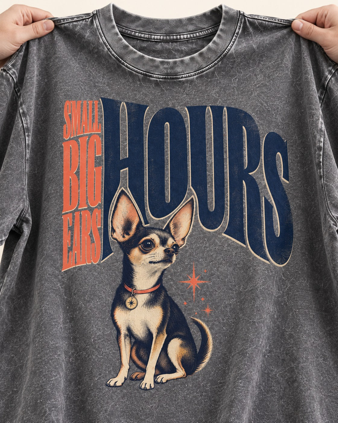 Chihuahua Small Big Ears Hours Washed Tee in Gray, close-up of the graphic