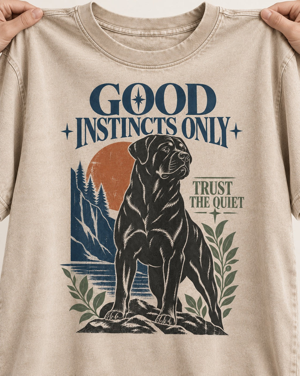 Good Instincts Only Rottweiler Washed Tee in Apricot, close-up of the graphic