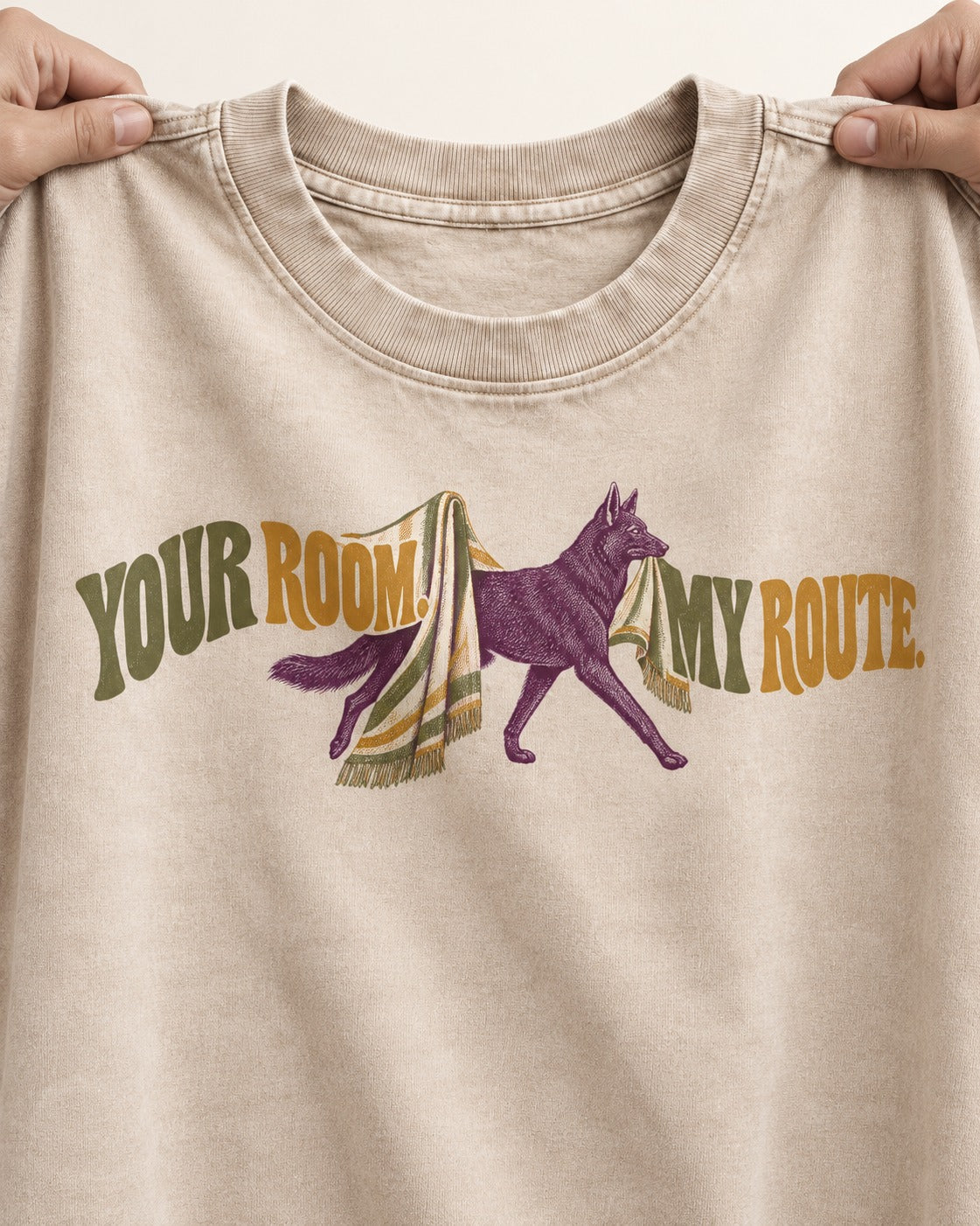 Your Room My Route German Shepherd Dog Washed Tee in Apricot, close-up of the graphic