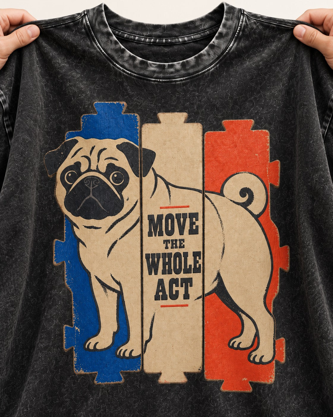 Pug Move the Whole Act Color Block Graphic Washed Tee in Black, close-up of the graphic