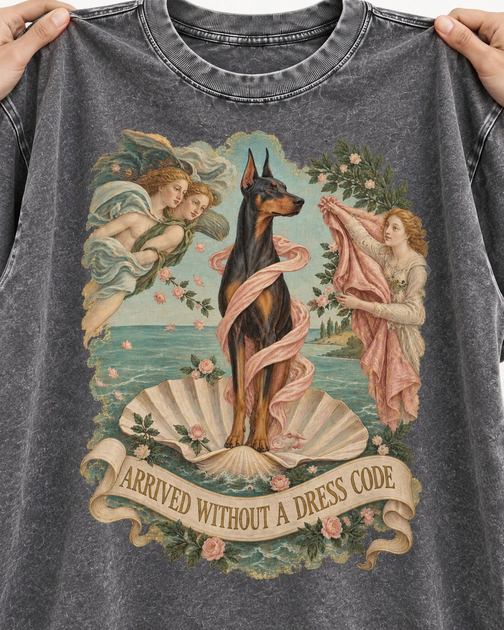 Doberman Arrived Without a Dress Code Renaissance Graphic Washed Tee in Gray, close-up of the graphic