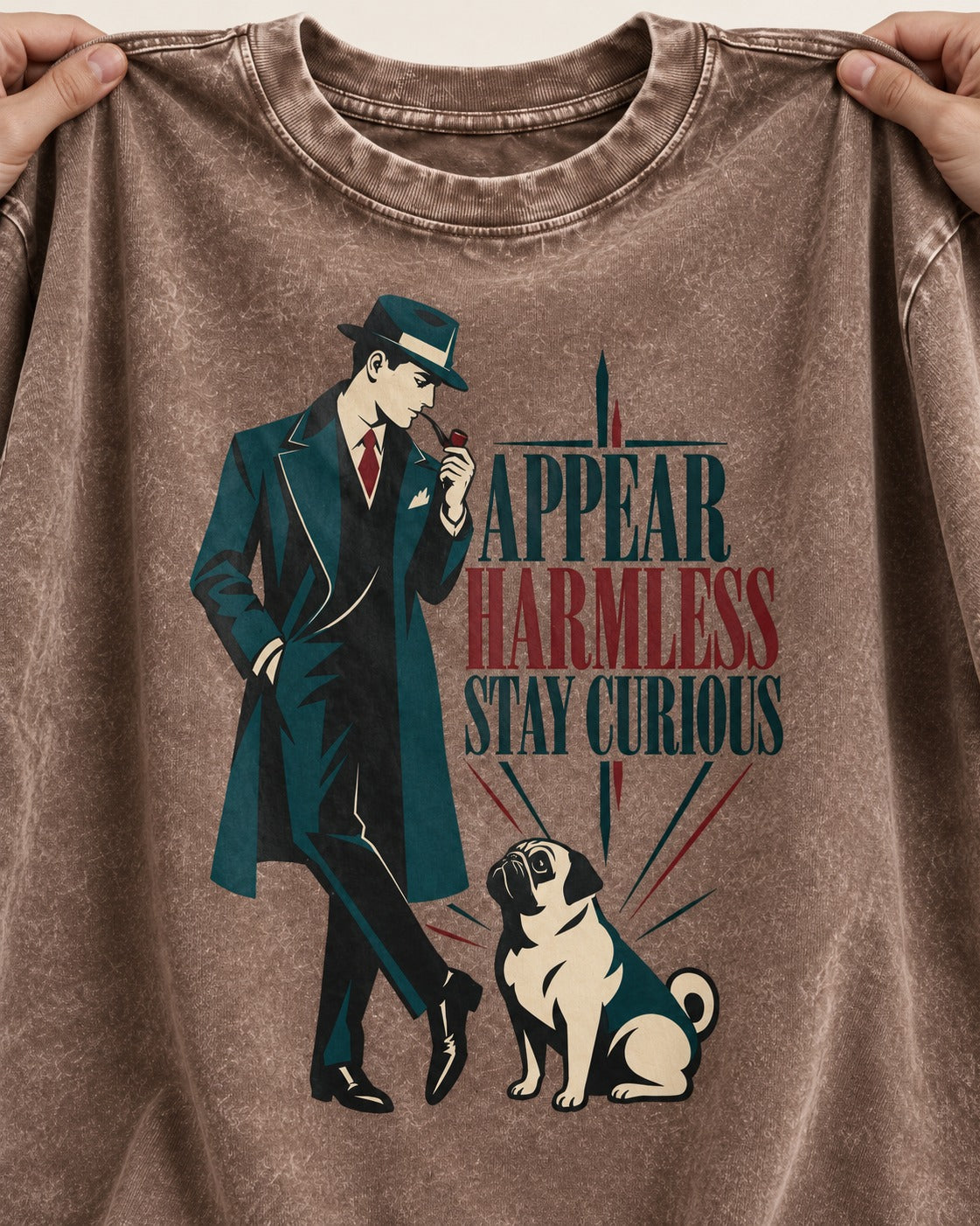 Pug Appear Harmless Stay Curious Washed Tee in Coffee, close-up of the graphic