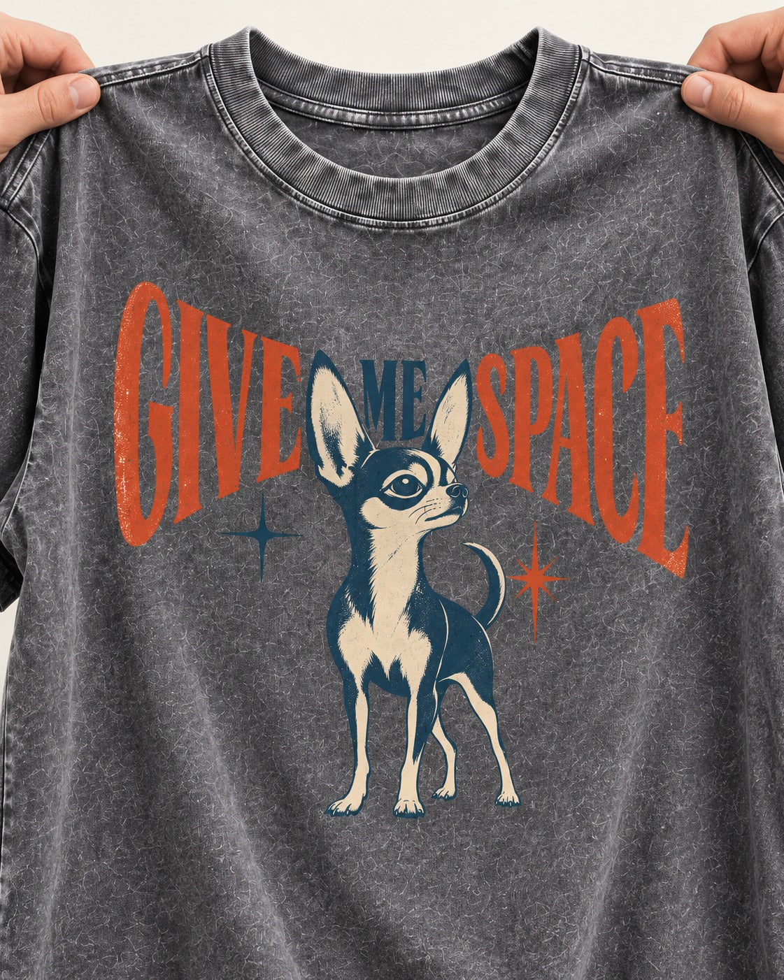 Chihuahua Give Me Space Starburst Graphic Washed Tee in Gray, close-up of the graphic