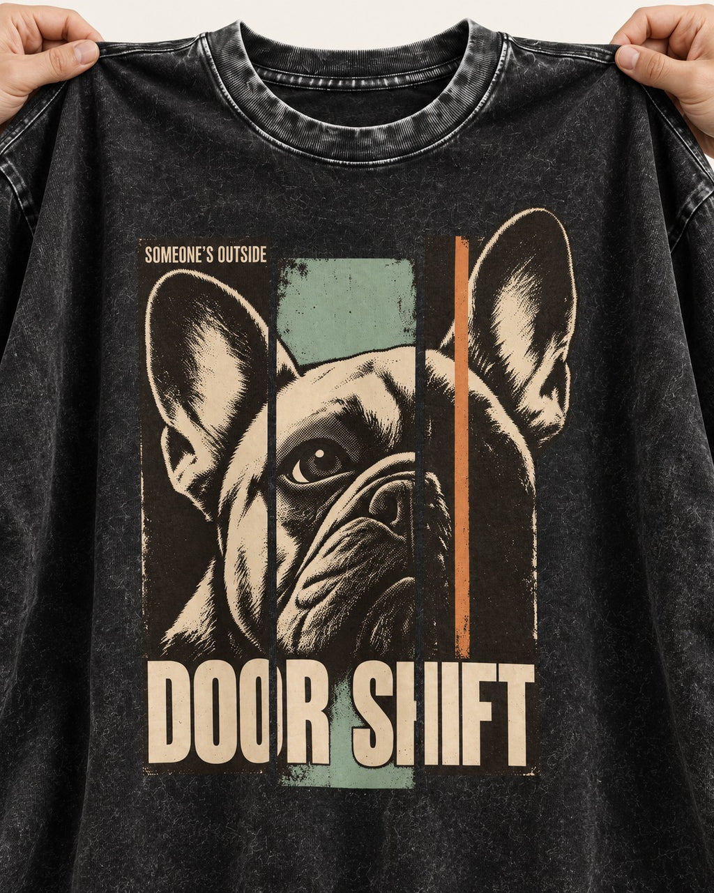 Frenchie Someone's Outside Door Shift Graphic Washed Tee in Black, close-up of the graphic