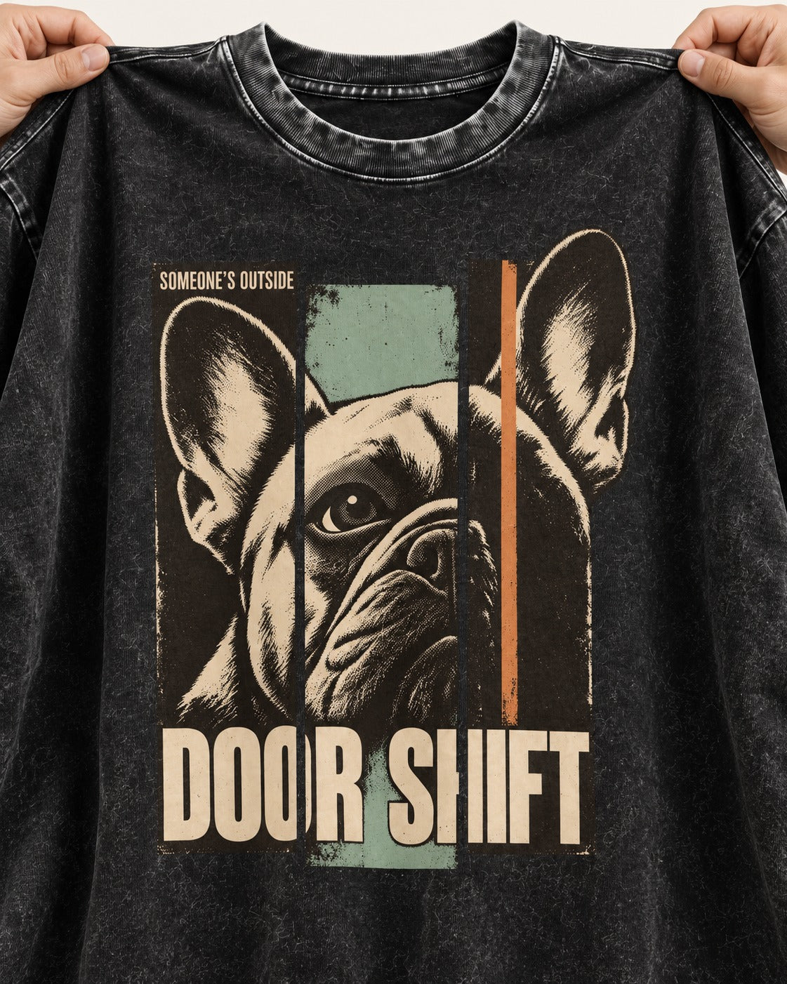 Frenchie Someone's Outside Door Shift Graphic Washed Tee in Black, close-up of the graphic