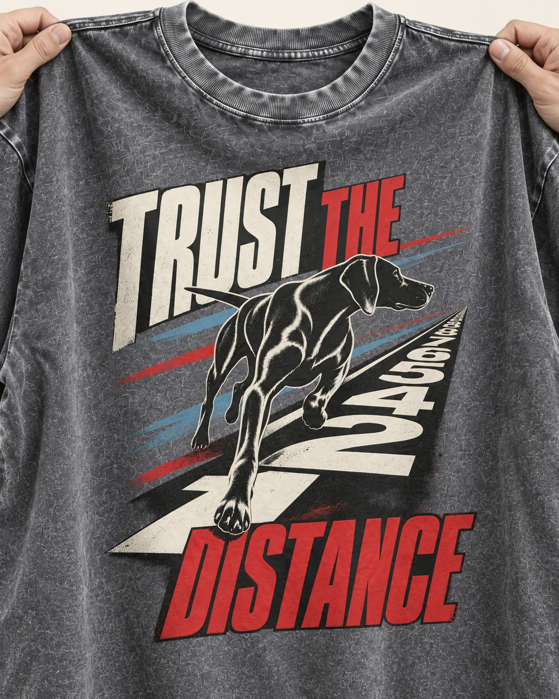Trust the Distance German Shorthaired Pointer Graphic Washed Tee in Gray, close-up of the graphic