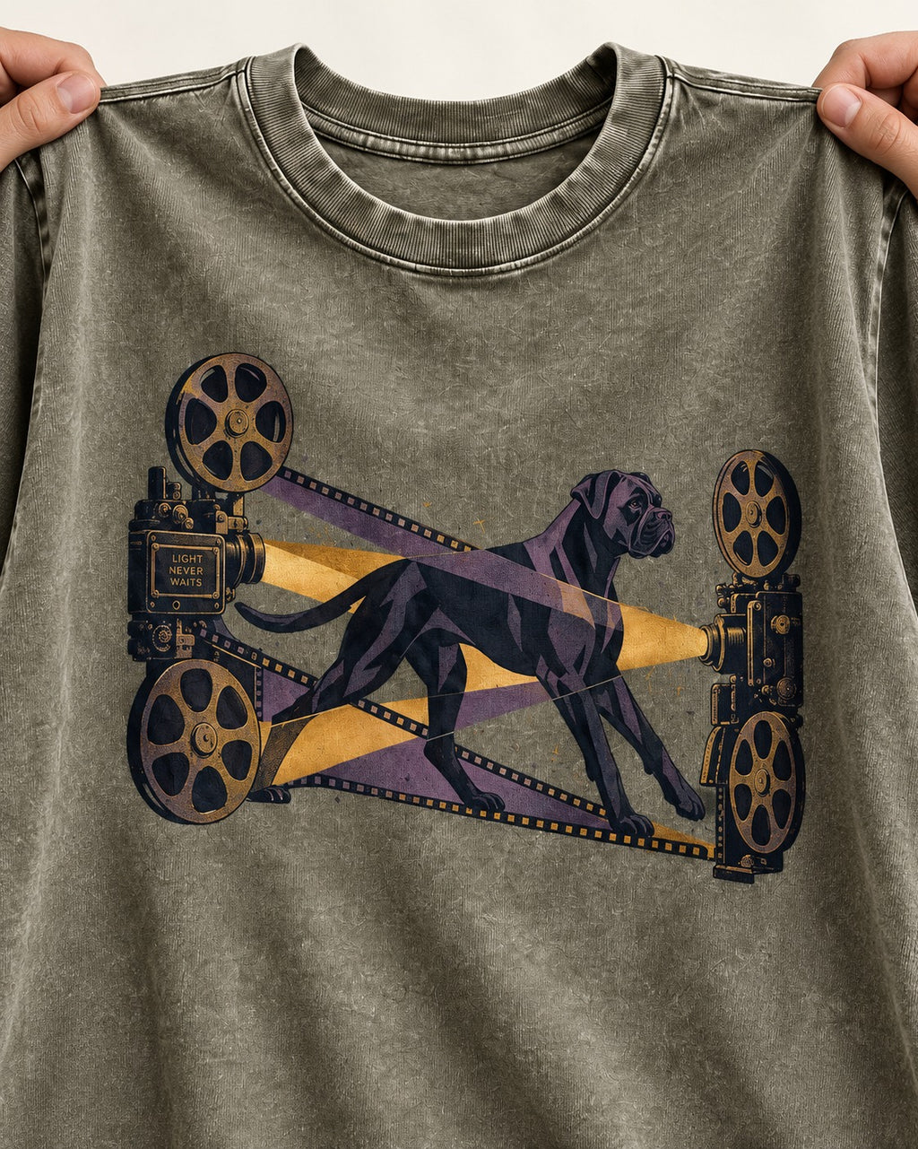 Light Never Waits Boxer Cinema Graphic Washed Tee in Army Green, close-up of the graphic