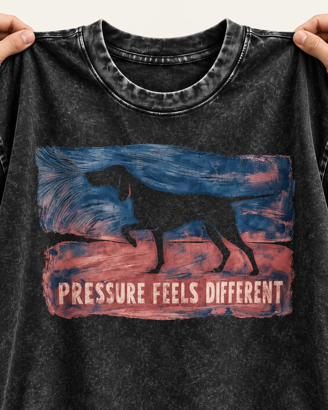 German Shorthaired Pointer Pressure Feels Different Monotype Graphic Washed Tee in Black, close-up of the graphic