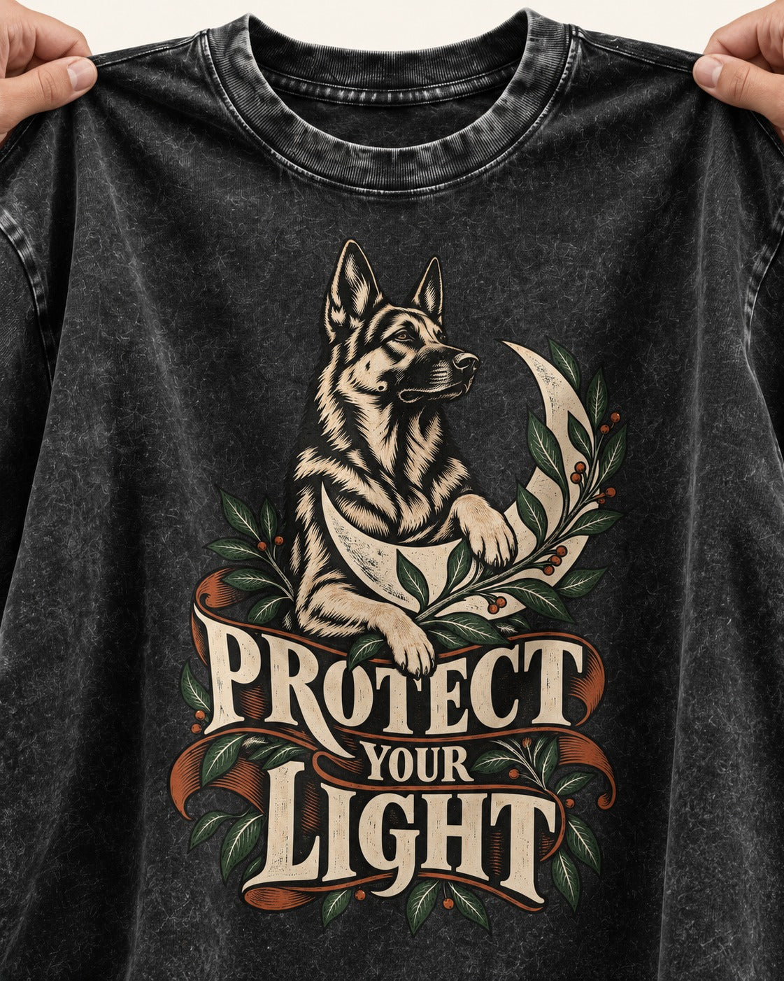 Protect Your Light Moon Botanical German Shepherd Dog Graphic Washed Tee in Black, close-up of the graphic