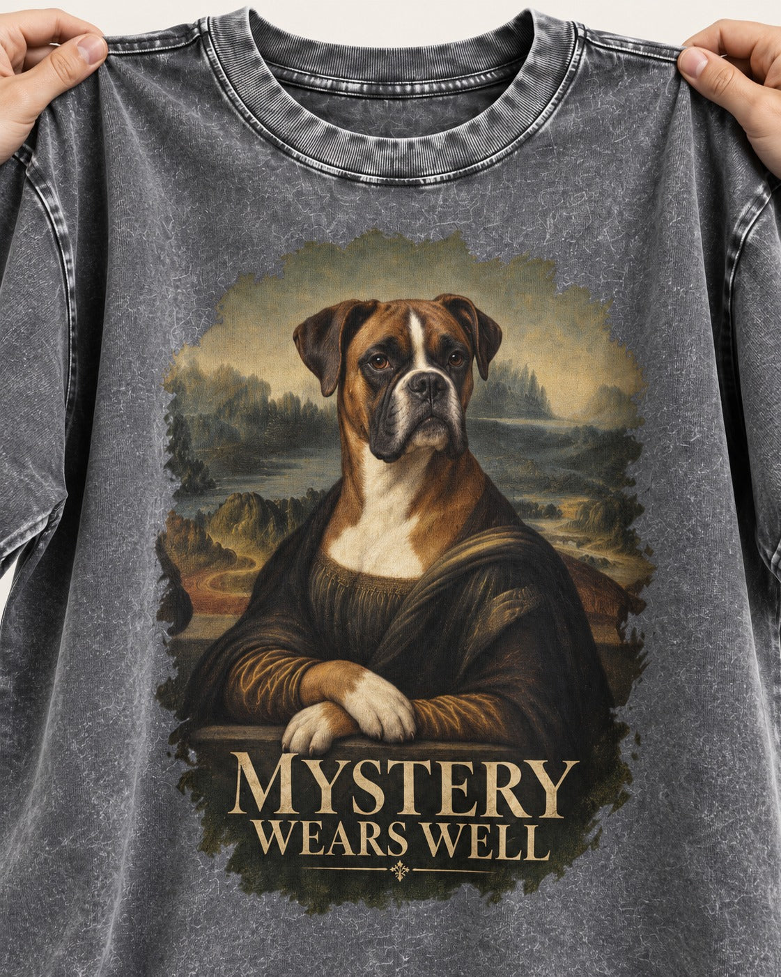 Mystery Wears Well Boxer Mona Lisa Portrait Washed Tee in Gray, close-up of the graphic