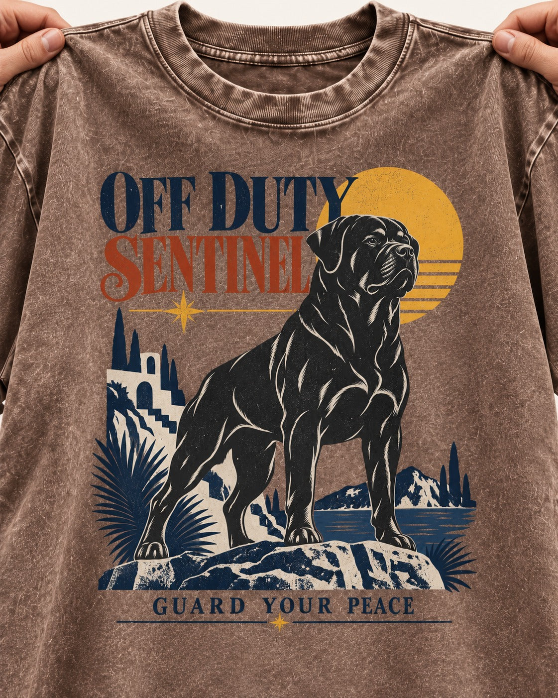 Off Duty Rottweiler Sentinel Washed Tee in Coffee, close-up of the graphic