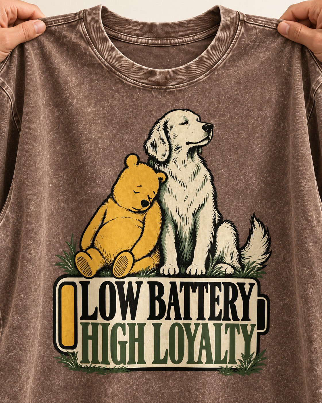 Golden Retriever Low Battery High Loyalty Washed Tee in Coffee, close-up of the graphic