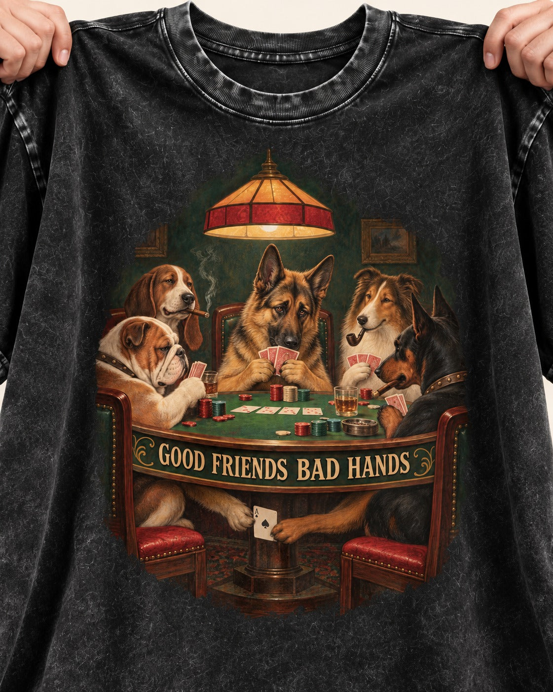 German Shepherd Dog Good Friends Bad Hands Poker Graphic Washed Tee in Black, close-up of the graphic