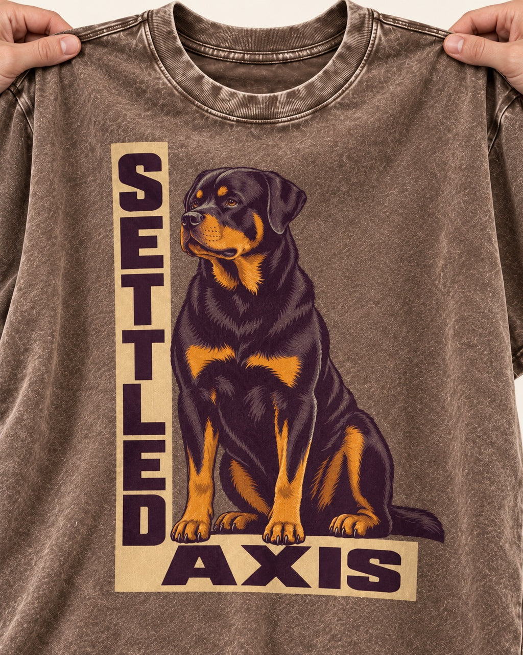 Settled Axis Rottweiler Washed Tee in Coffee, close-up of the graphic