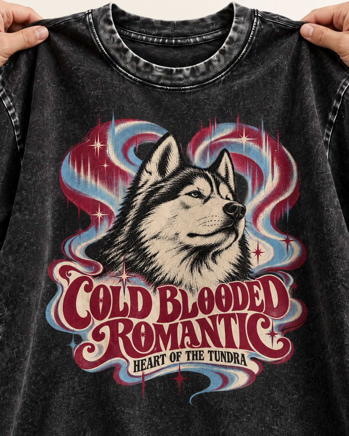 Husky Cold Blooded Romantic Heart of the Tundra Graphic Washed Tee in Black, close-up of the graphic