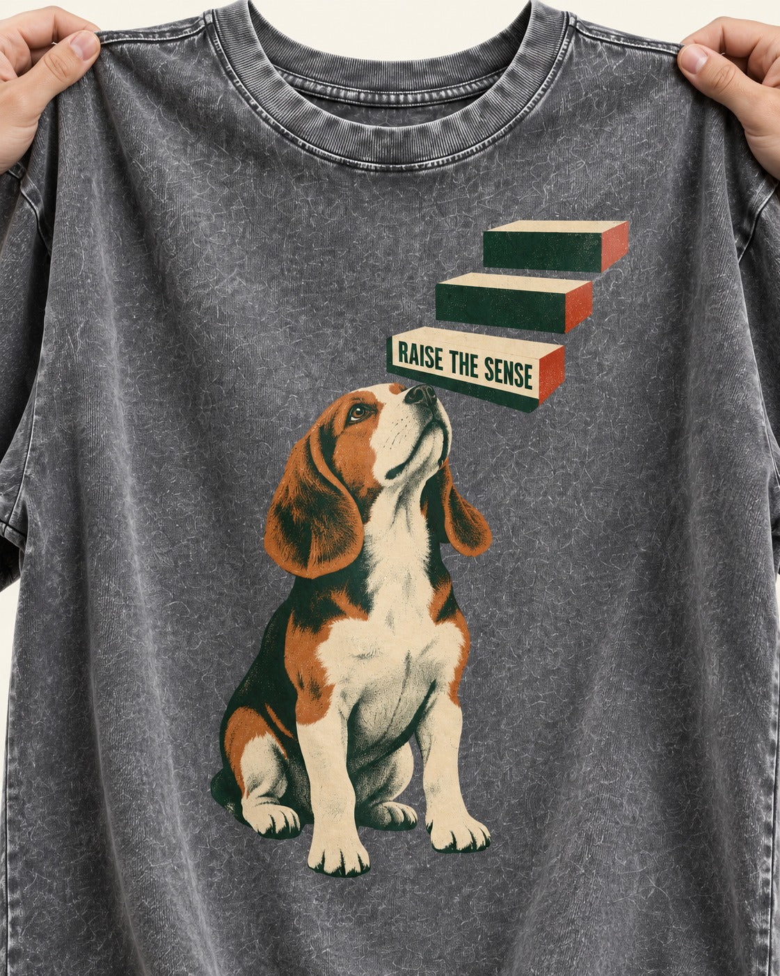 Raise The Sense Beagle Scent Hound Washed Tee in Gray, close-up of the graphic
