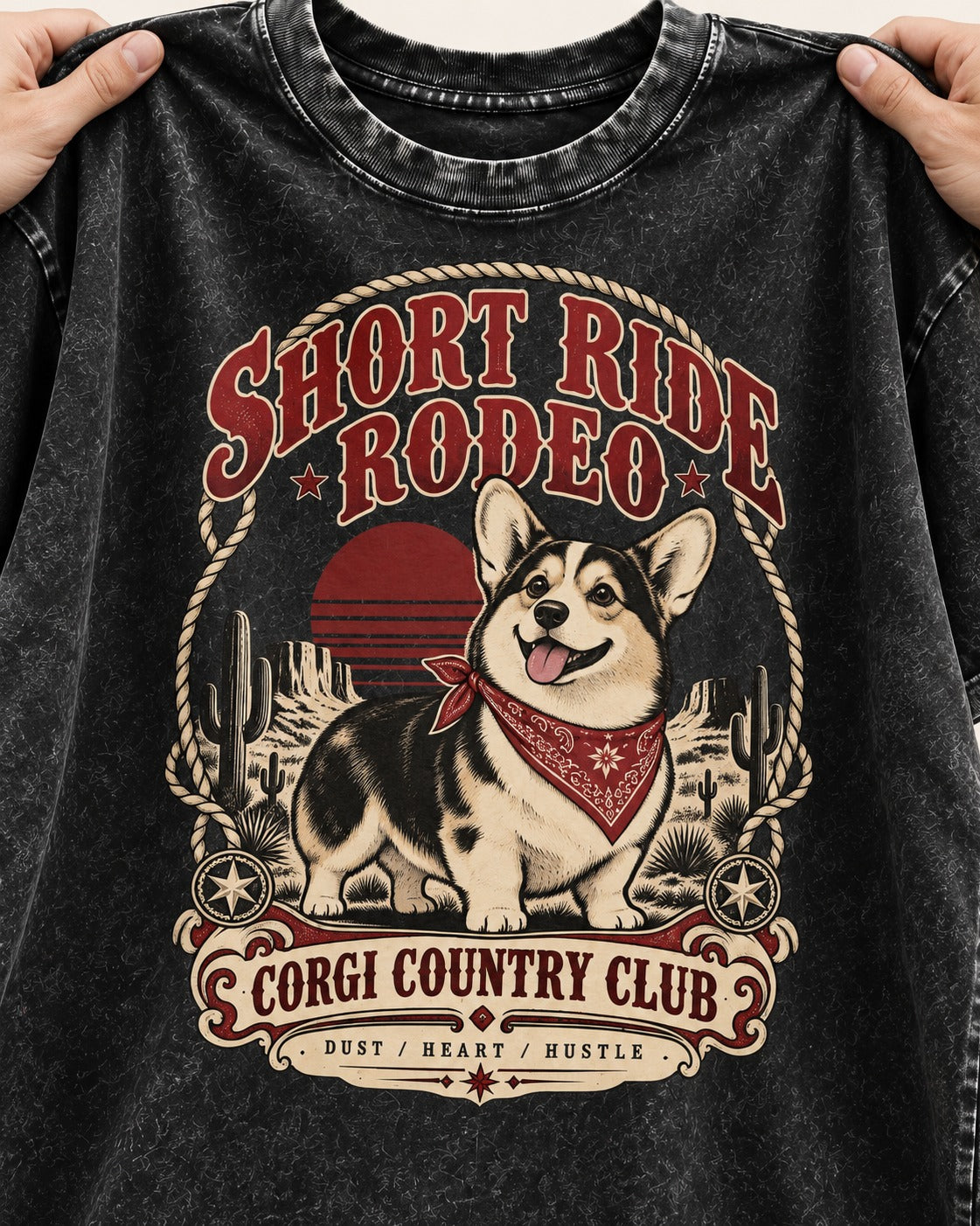 Corgi Short Ride Rodeo Country Club Badge Washed Tee in Black, close-up of the graphic