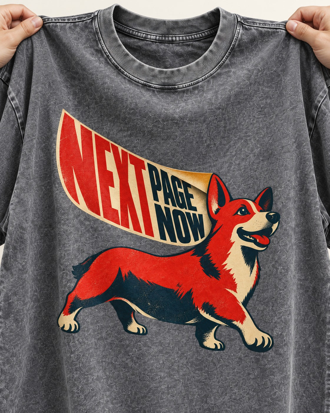 Corgi Next Page Now Pennant Graphic Washed Tee in Gray, close-up of the graphic