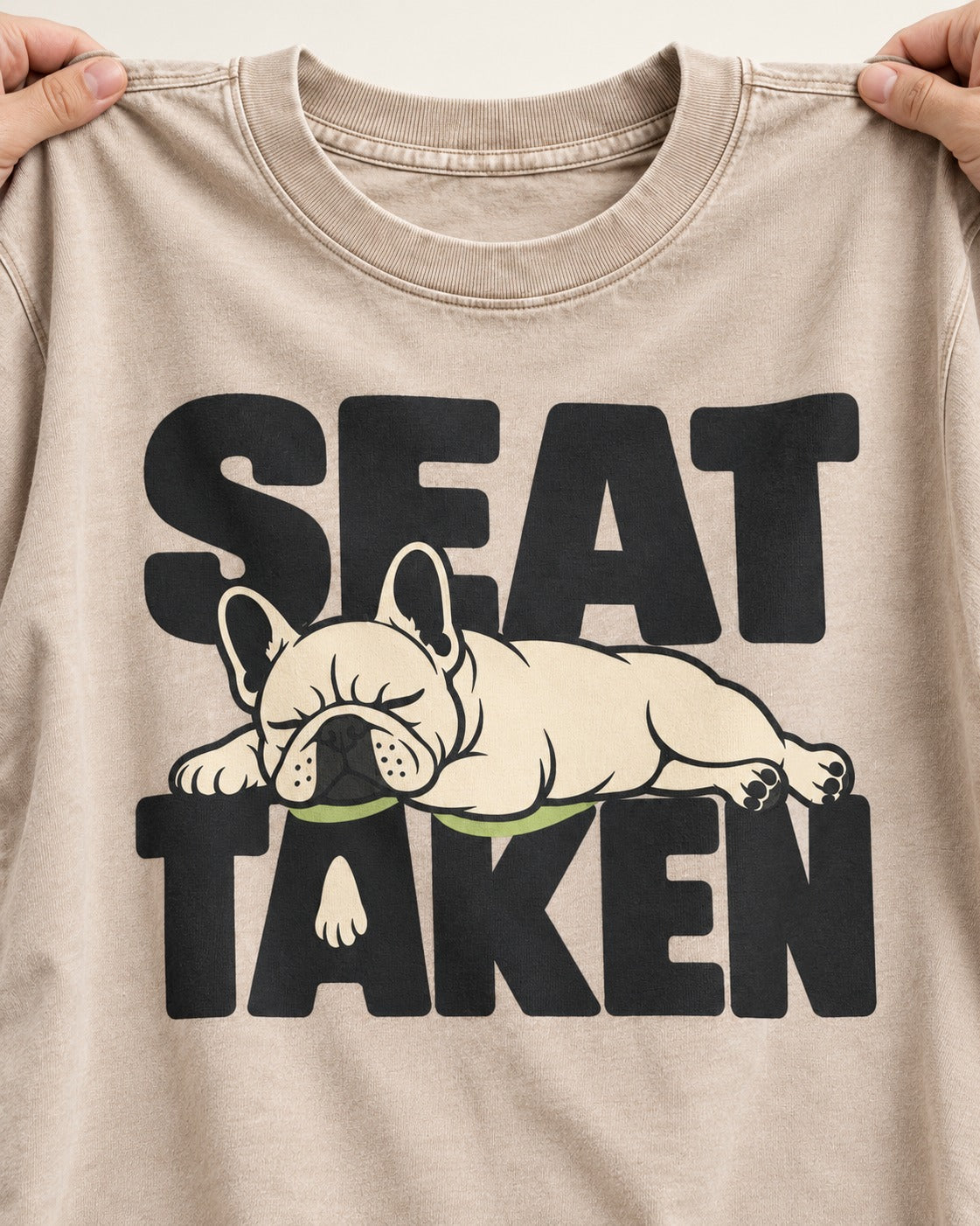 Seat Taken by Frenchie Washed Tee in Apricot, close-up of the graphic