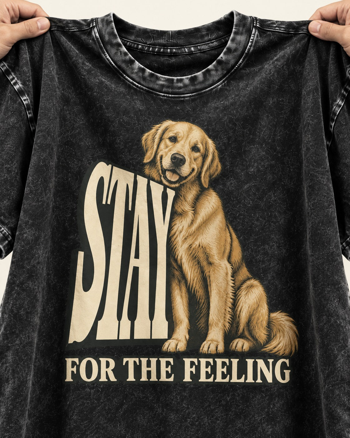 Golden Retriever Stay for the Feeling Leaning Puppy Graphic Washed Tee in Black, close-up of the graphic