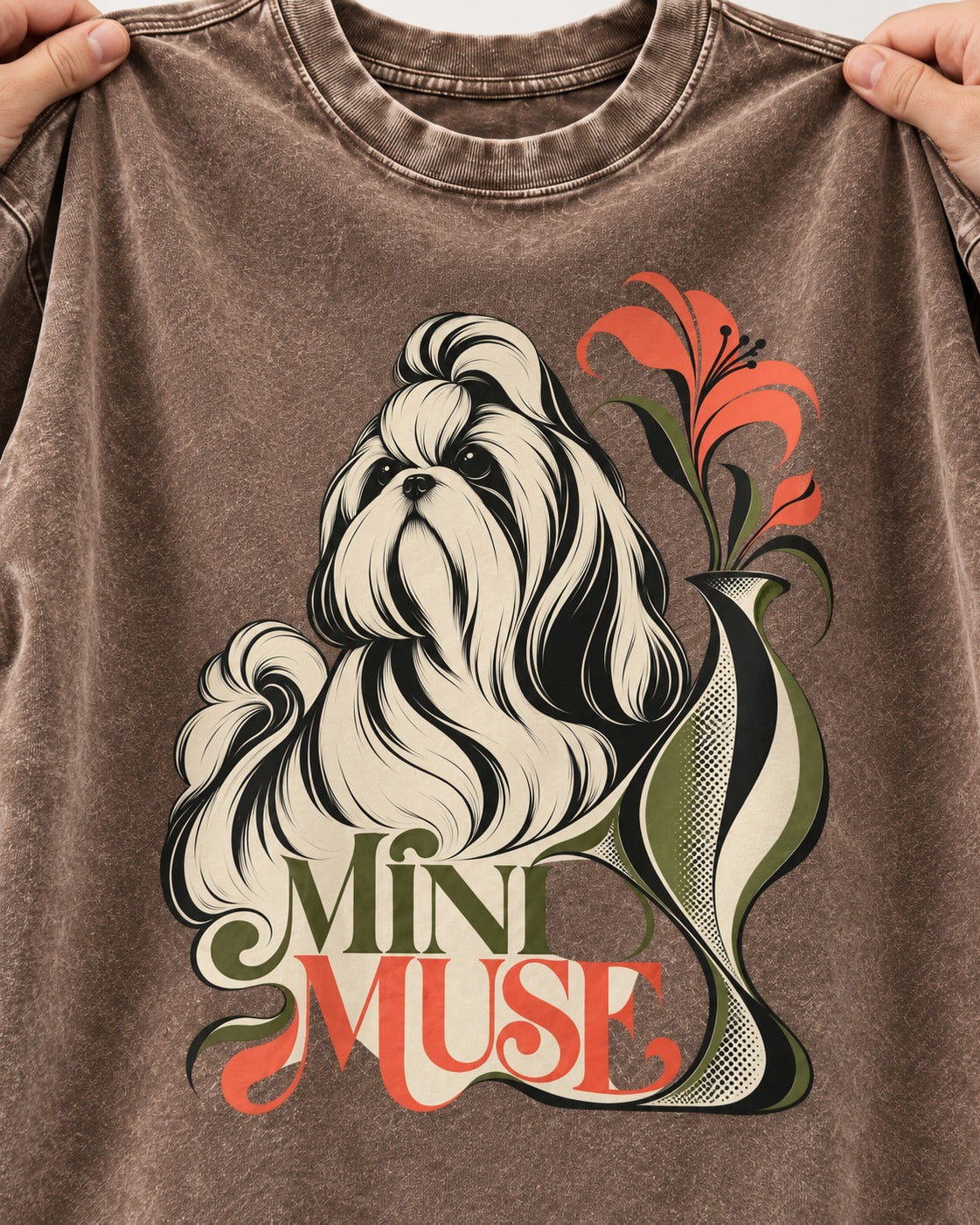 Shih Tzu Mini Muse Washed Tee in Coffee, close-up of the graphic
