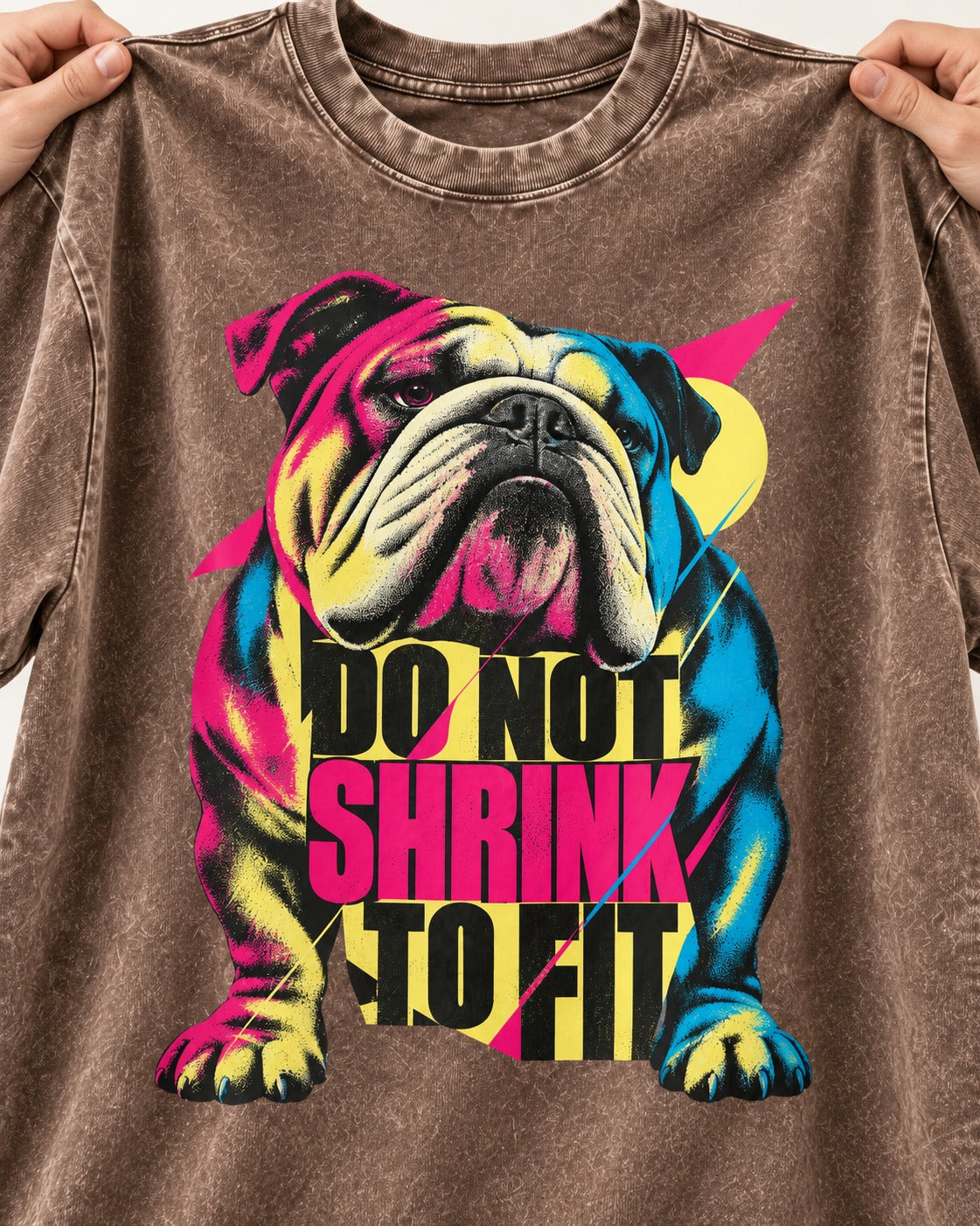 English Bulldog Don't Shrink to Fit Washed Tee in Coffee, close-up of the graphic