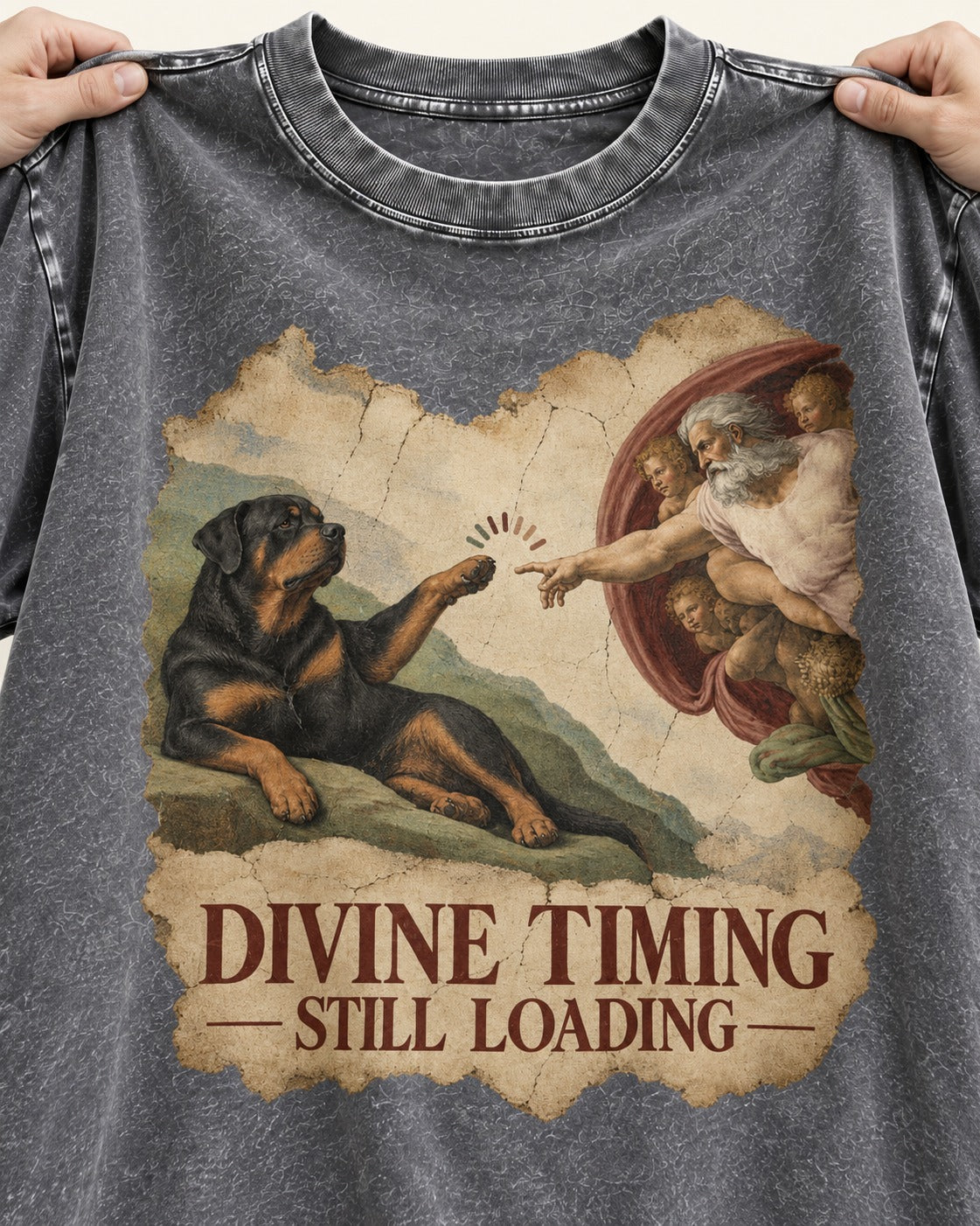 Rottweiler Divine Timing Still Loading Creation Parody Graphic Washed Tee in Gray, close-up of the graphic