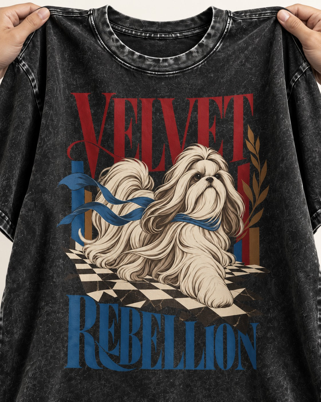 Shih Tzu Velvet Rebellion Checkerboard Graphic Washed Tee in Black, close-up of the graphic