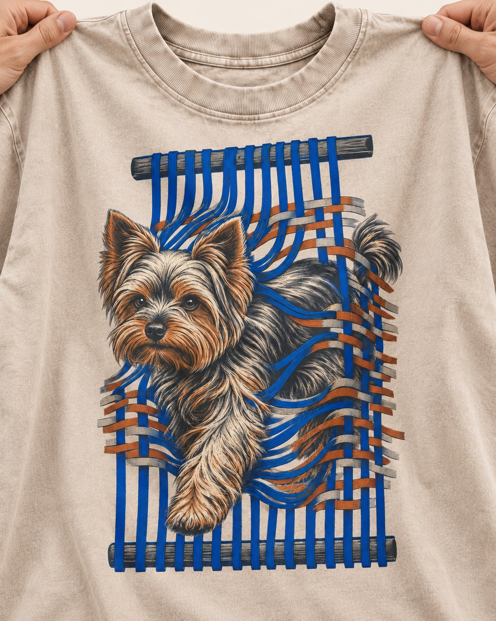 Yorkshire Terrier Unbound Washed Tee in Apricot, close-up of the graphic