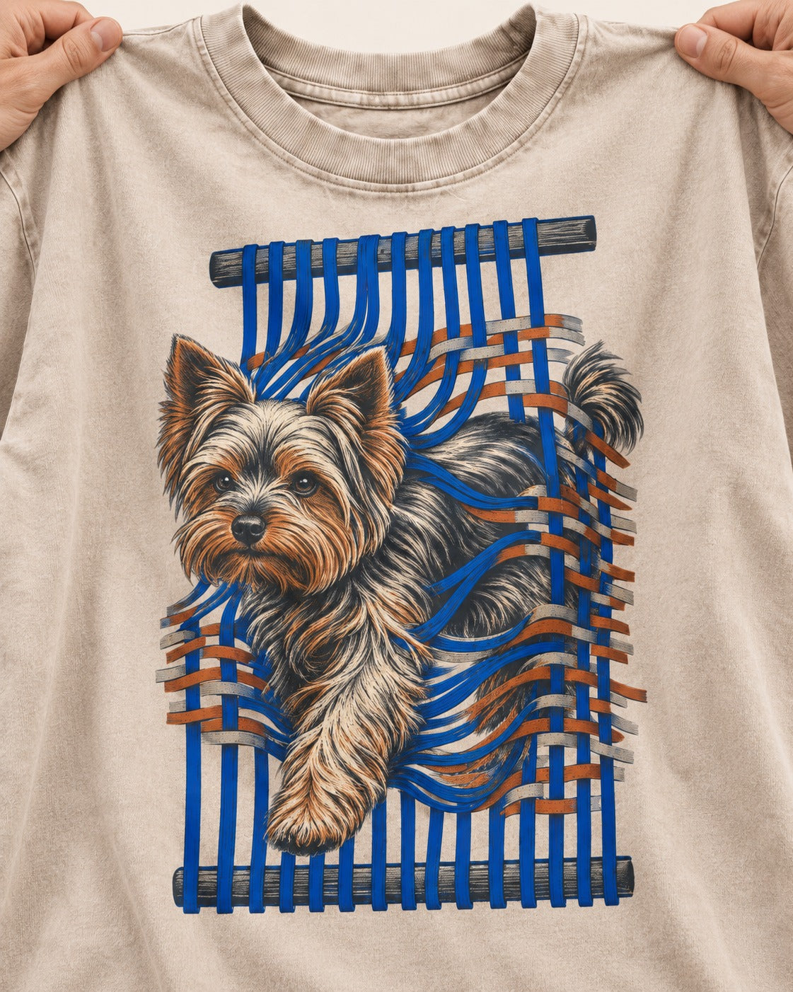 Yorkshire Terrier Unbound Washed Tee in Apricot, close-up of the graphic