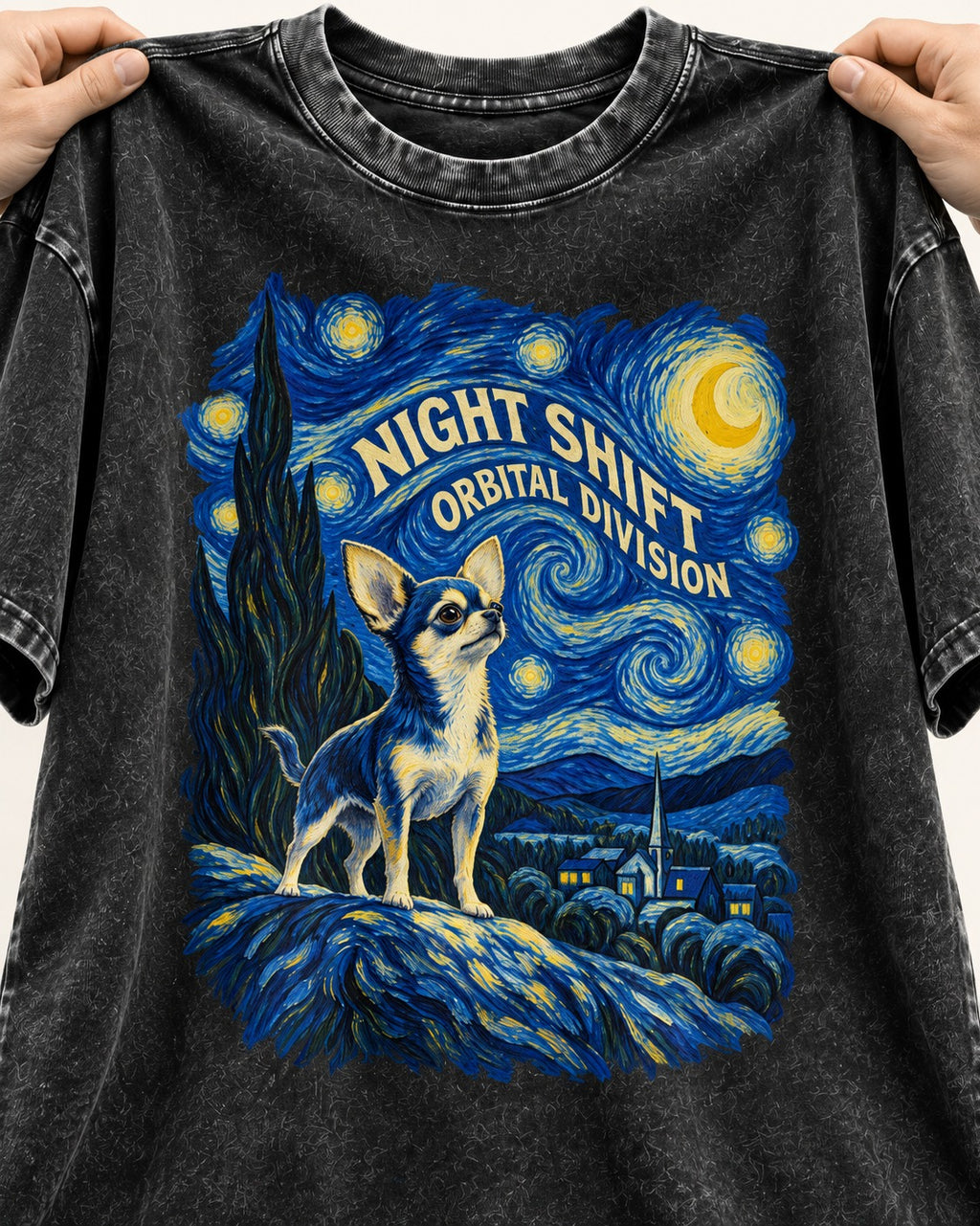 Chihuahua Night Shift Orbital Division Starry Night Graphic Washed Tee in Black, close-up of the graphic