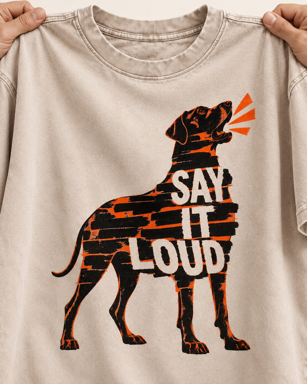 Great Dane Say It Loud Washed Tee in Apricot, close-up of the graphic