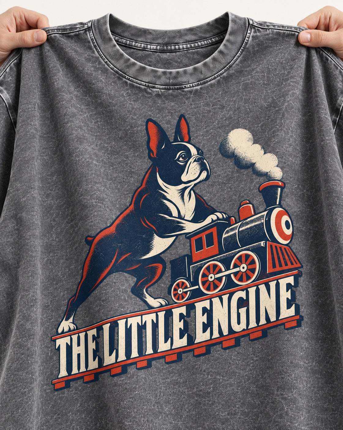 Boston Terrier The Little Engine Washed Tee in Gray, close-up of the graphic