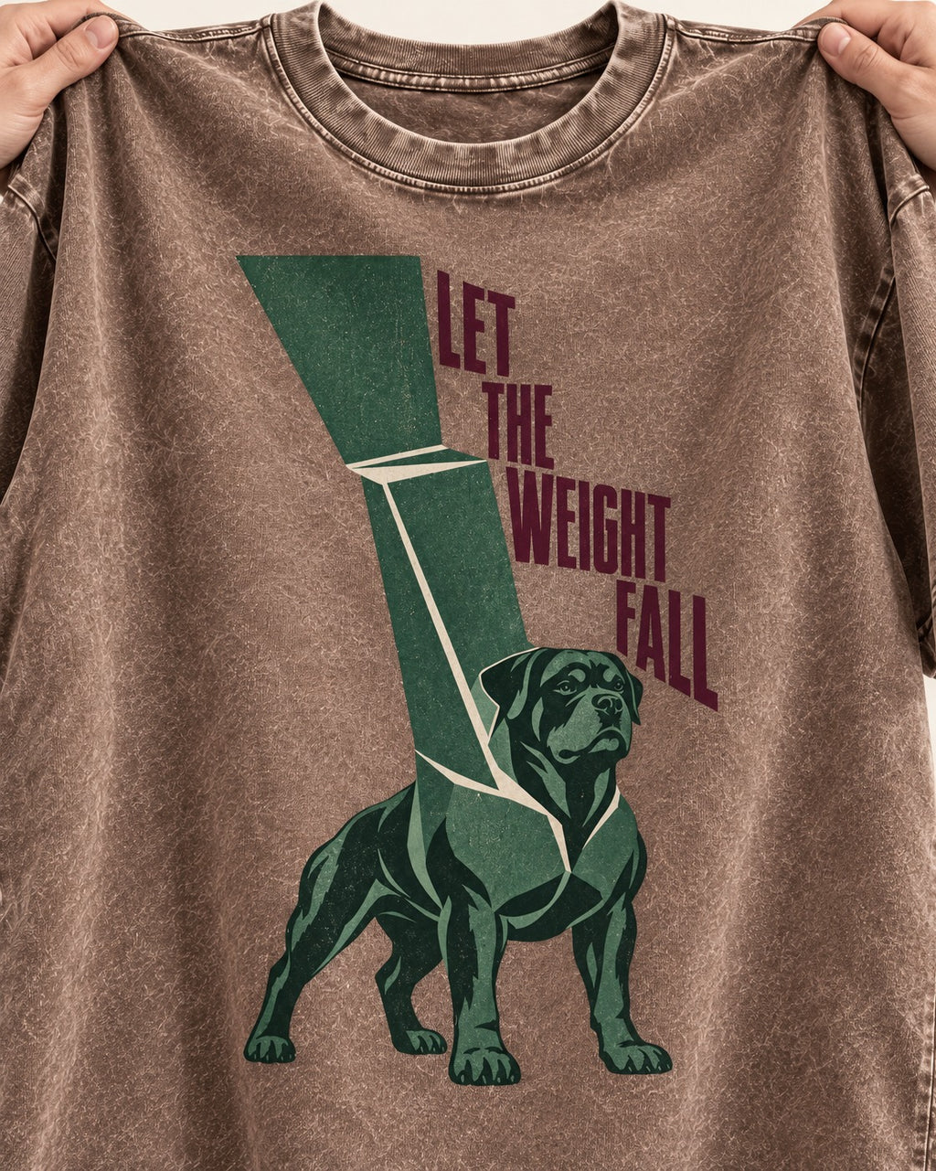 Let the Weight Fall Rottweiler Washed Tee in Coffee, close-up of the graphic