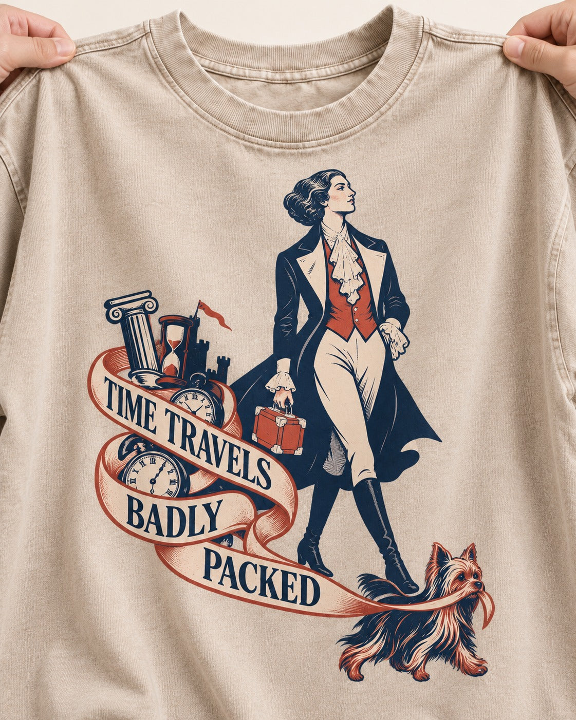 Time Travels Badly Packed Yorkshire Terrier Washed Tee in Apricot, close-up of the graphic
