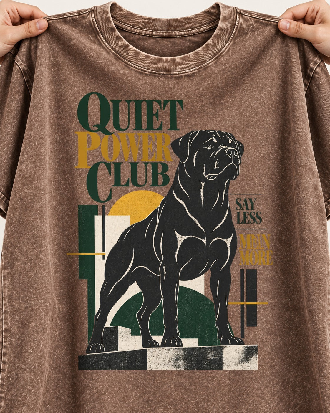 Rottweiler Quiet Power Club Washed Tee in Coffee, close-up of the graphic