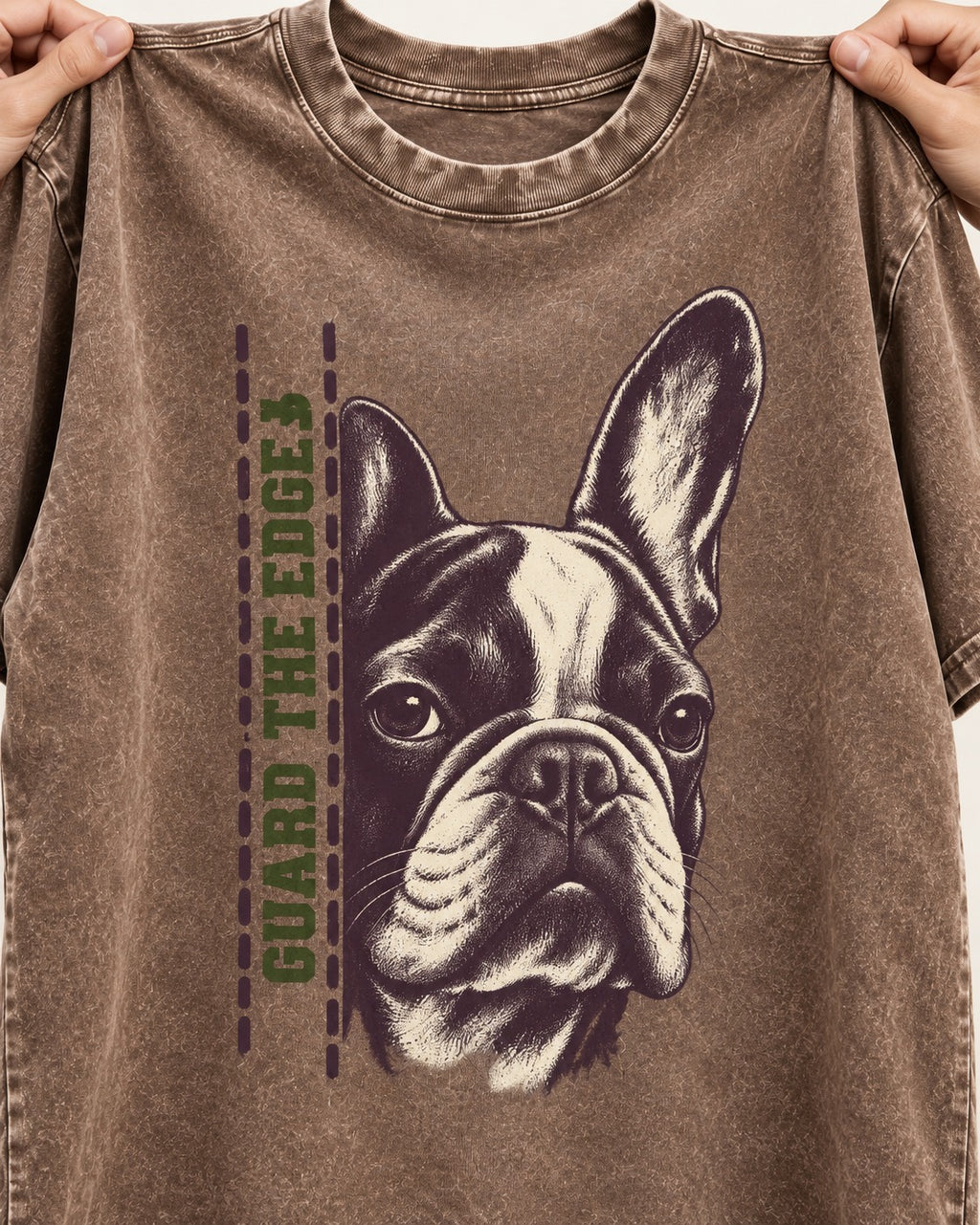 Frenchie Guard the Edge Washed Tee in Coffee, close-up of the graphic