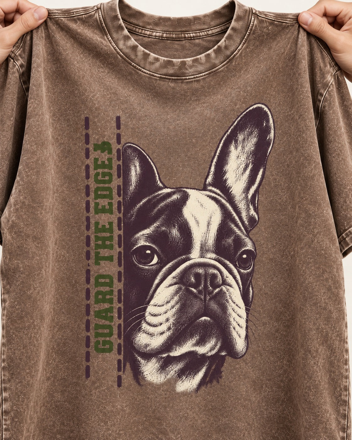Frenchie Guard the Edge Washed Tee in Coffee, close-up of the graphic