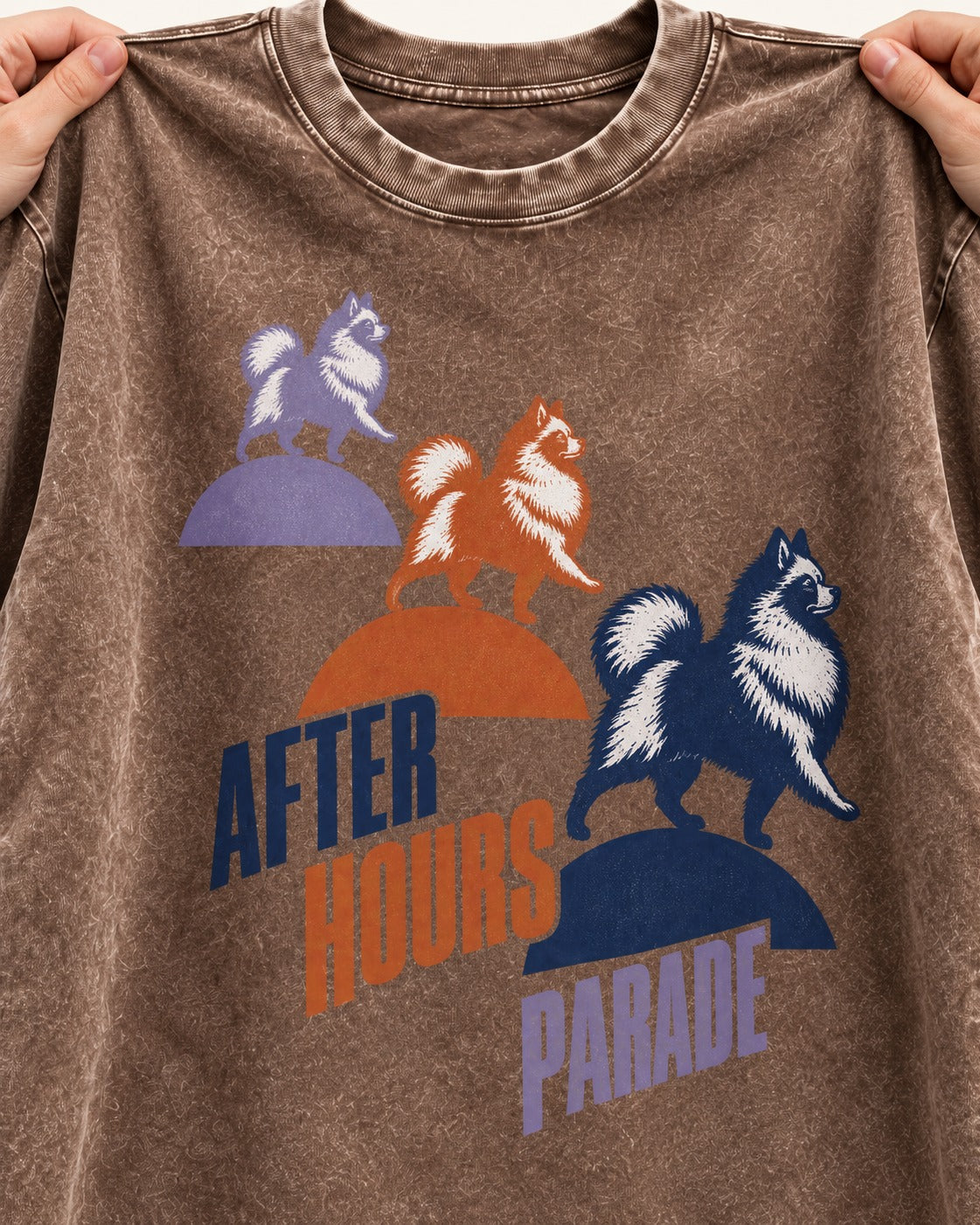 Pomeranian After Hours Parade Washed Tee in Coffee, close-up of the graphic