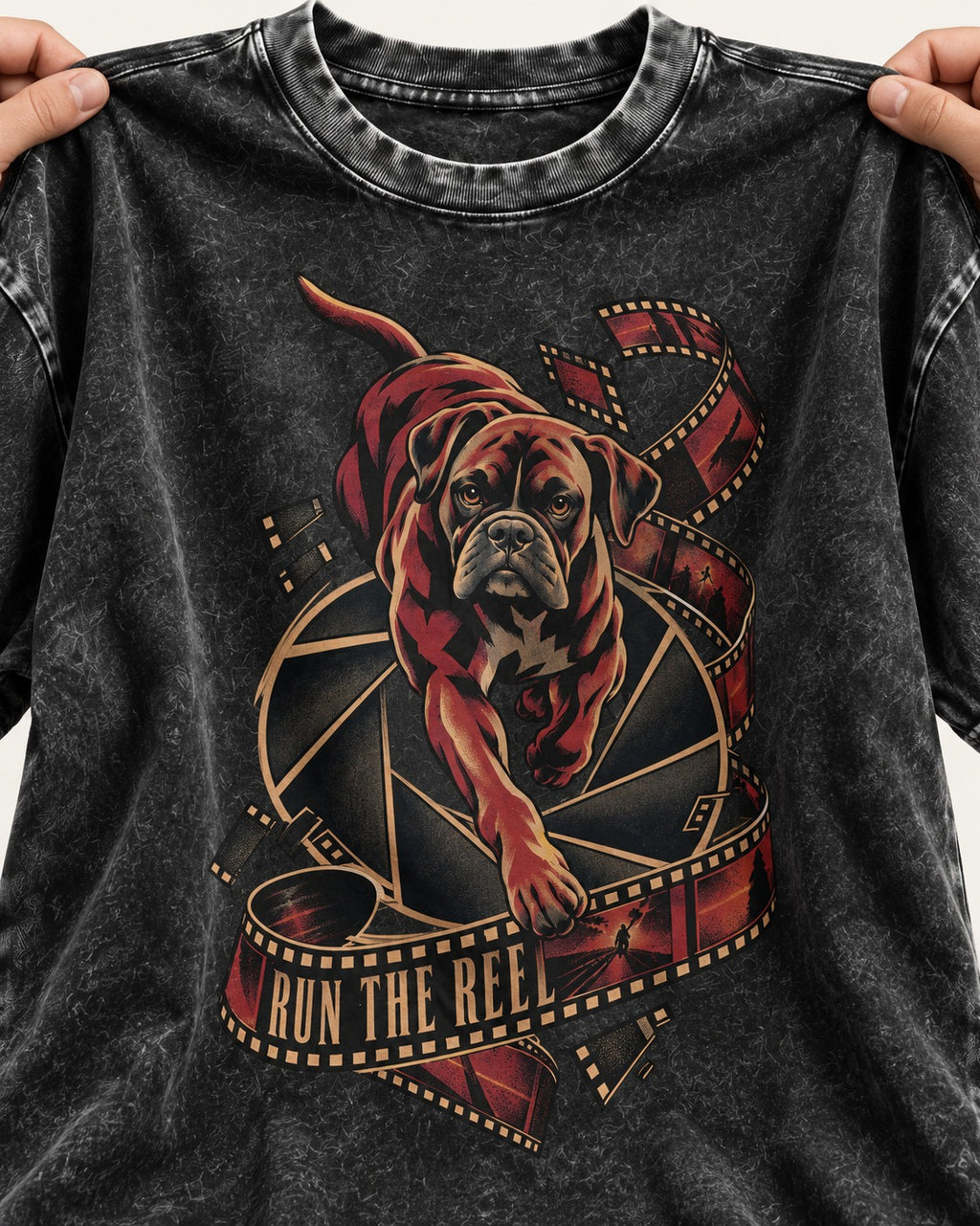 Run the Reel Boxer Film Graphic Washed Tee in Black, close-up of the graphic
