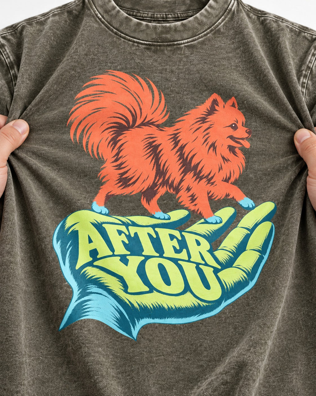 Pomeranian After You Helping Hand Graphic Washed Tee in Army Green, close-up of the graphic