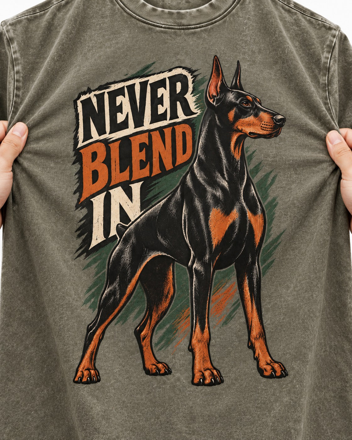 Doberman Never Blend In Brush Graphic Washed Tee in Army Green, close-up of the graphic