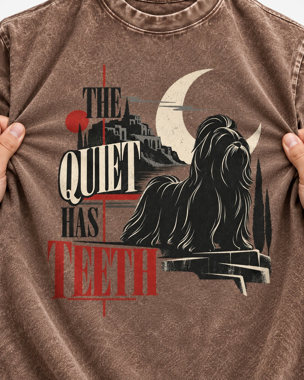 The Quiet Shih Tzu Has Teeth Washed Tee in Coffee, close-up of the graphic