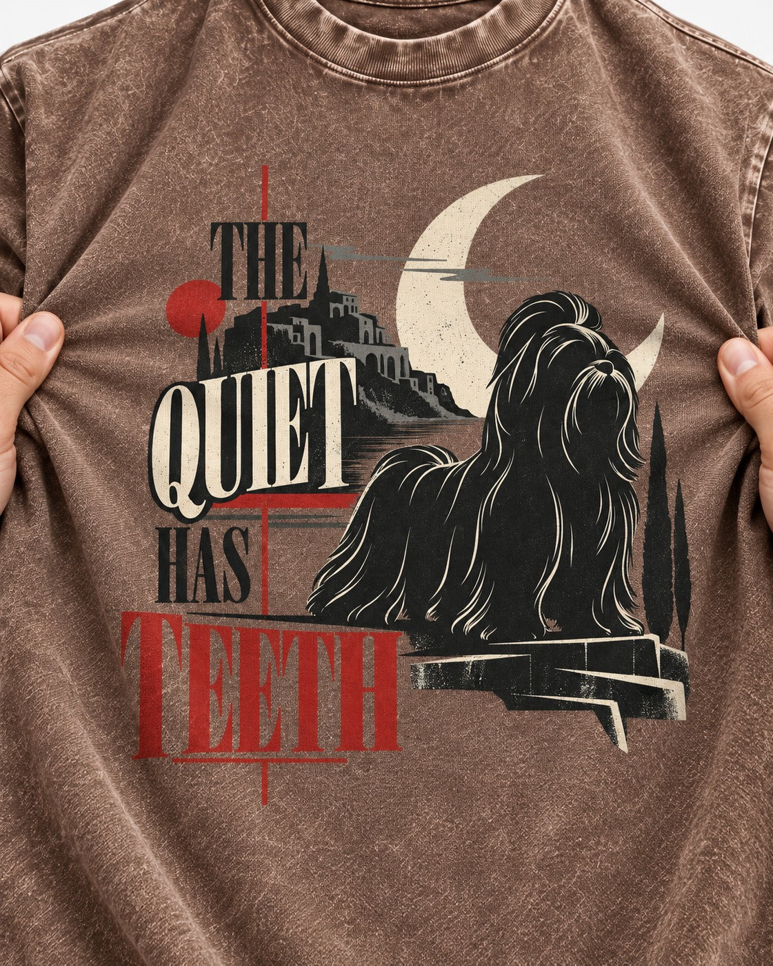 The Quiet Shih Tzu Has Teeth Washed Tee in Coffee, close-up of the graphic