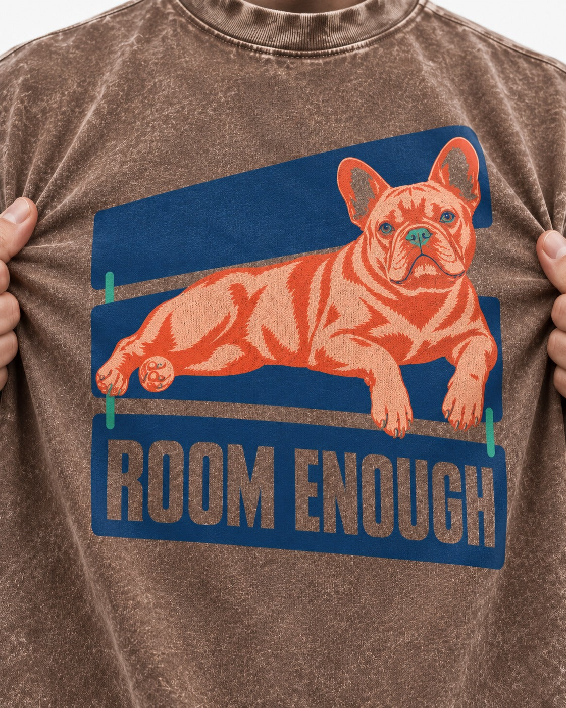 Room Enough for Frenchie Washed Tee in Coffee, close-up of the graphic