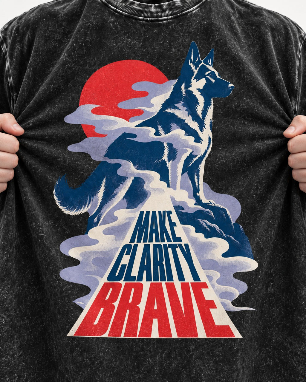 Make Clarity Brave Mountain German Shepherd Dog Graphic Washed Tee in Black, close-up of the graphic
