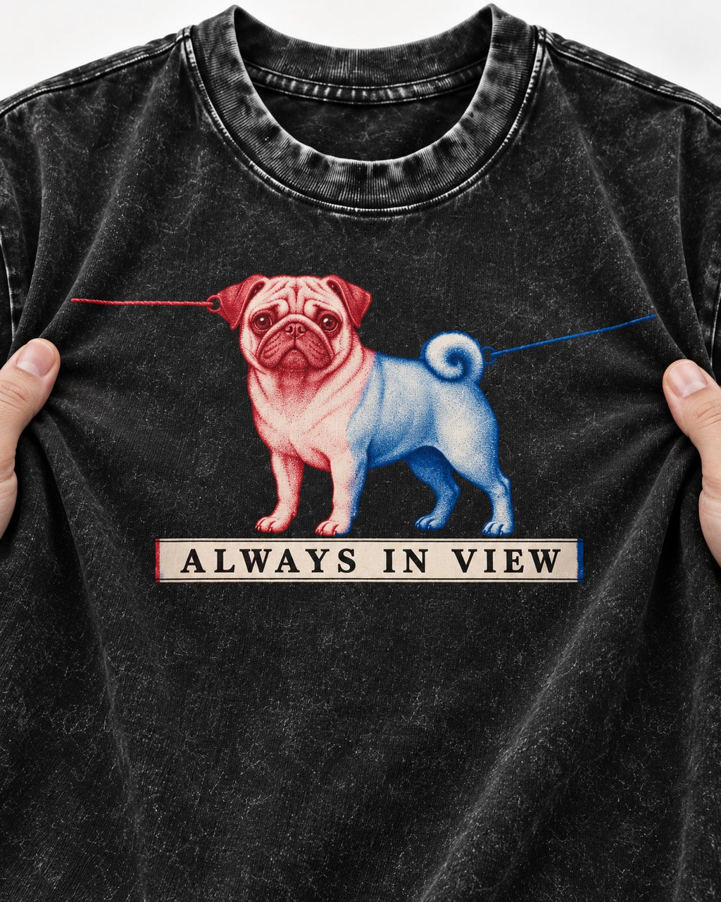 Pug Always in View Split Leash Graphic Washed Tee in Black, close-up of the graphic