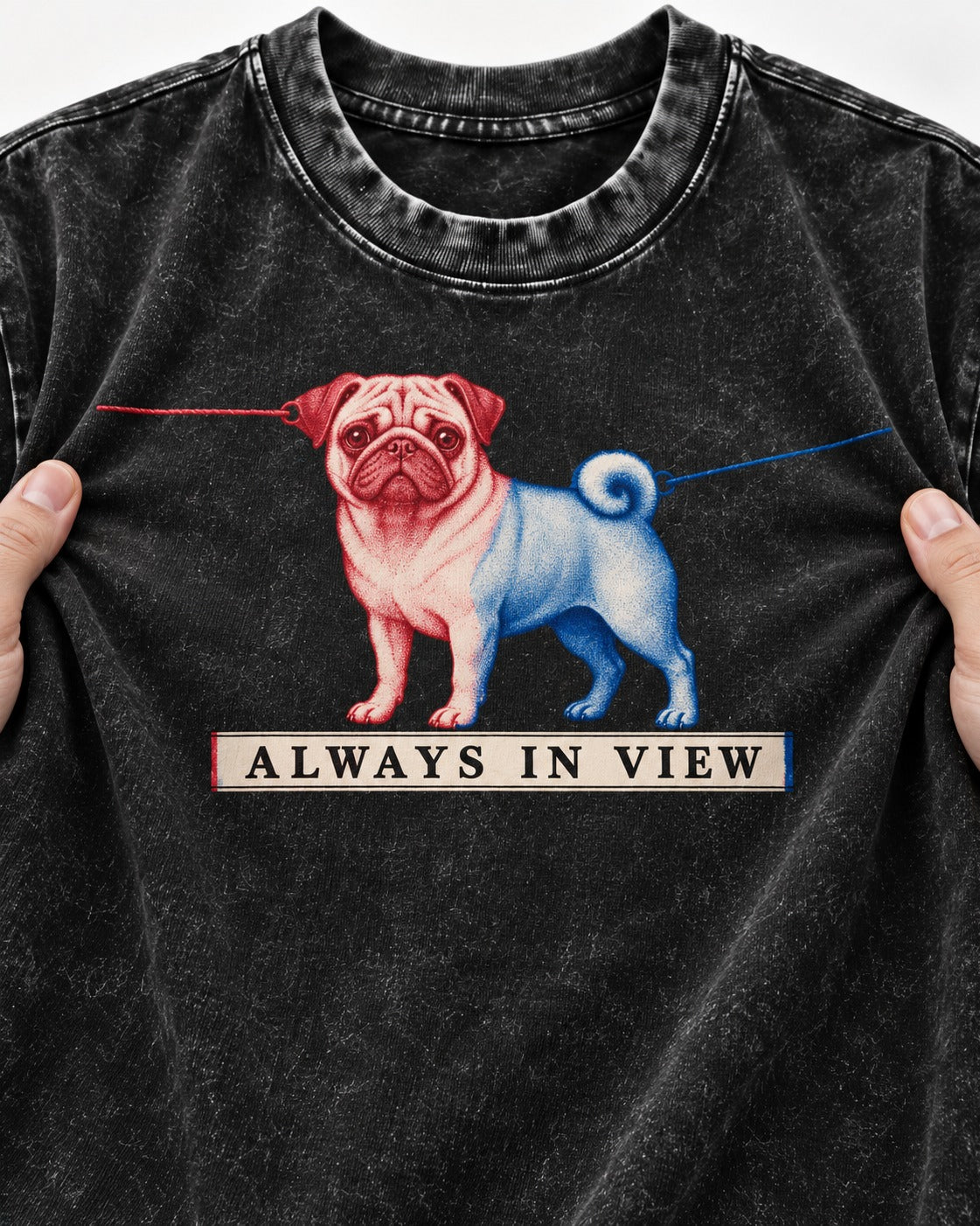 Pug Always in View Split Leash Graphic Washed Tee in Black, close-up of the graphic